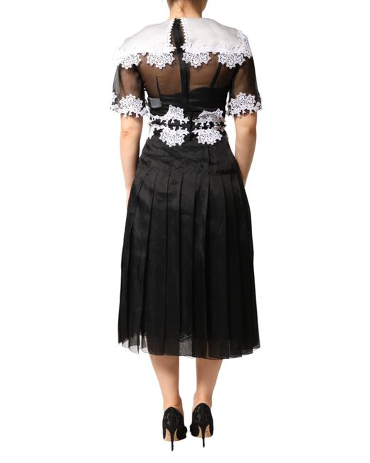 Dolce & Gabbana Black White Silk Macrame Lace Midi Dress