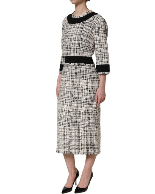 Dolce & Gabbana Gray Multicolor Bouclé Tweed Frayed Trim Midi Dress