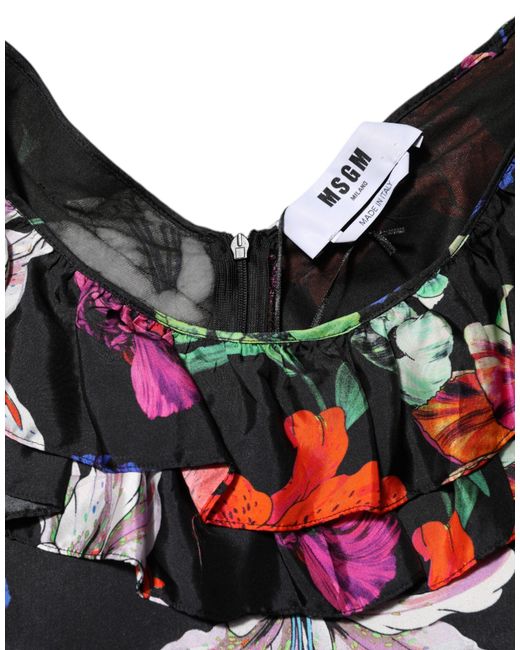 MSGM Black Floral Print Ruffletrim Dress