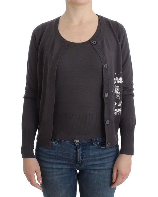 John Galliano Gray Elegant Sequined Wool Cardigan