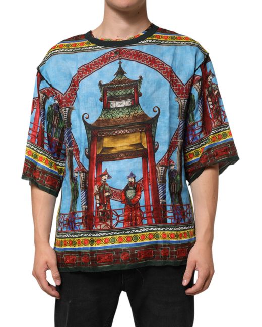 Dolce & Gabbana Blue Multicolor Cotton Linen Temple Print T for men