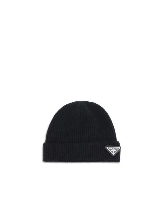 Prada Black Beanie Hat With Logo for men