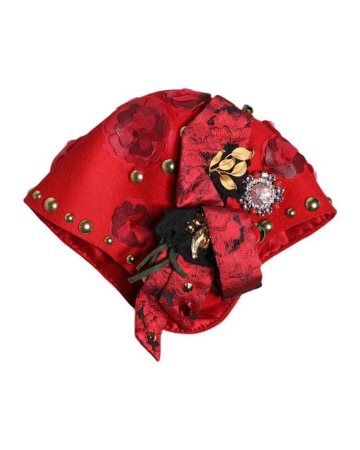 Dolce & Gabbana Red Crystal Gold Roses Brooch Embellished Hat for men