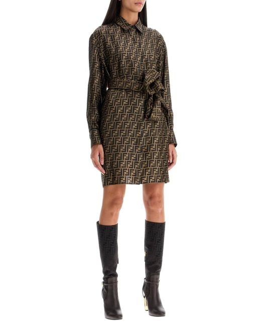 Fendi FF Silk Twill Belted Shirt Dress in Brown | Lyst