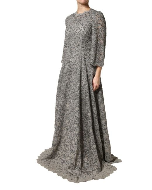 Dolce & Gabbana Gray Lace Long Sleeves Cotton Maxi Dress