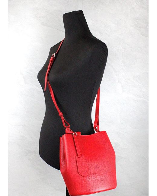 Burberry Red Lorne Small Pebbled Leather Bucket Crossbody Purse Bag