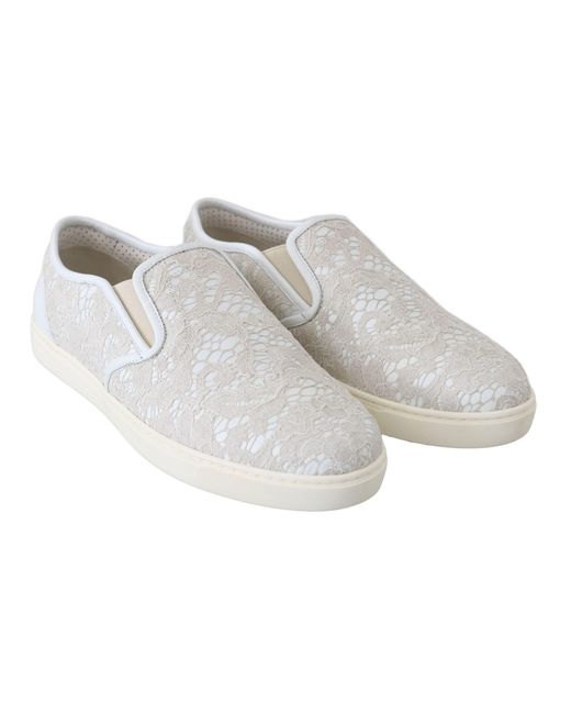 Dolce & Gabbana White Leather Lace Slip On Loafers Shoes