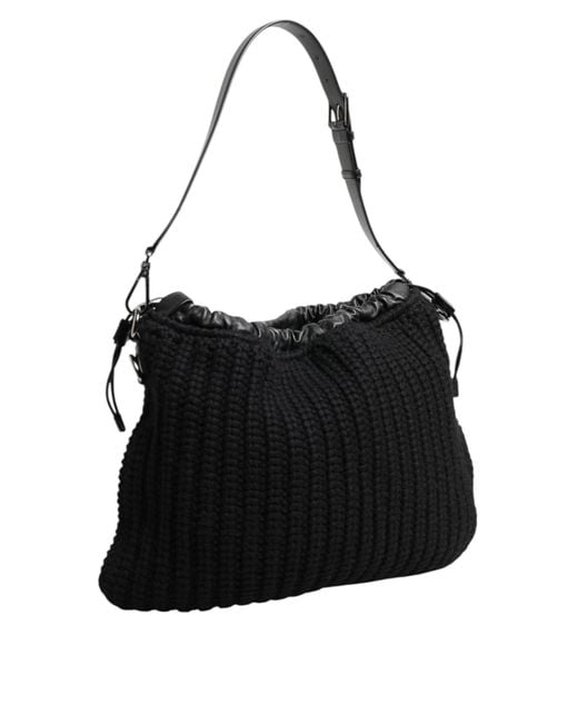 Dolce & Gabbana Black Cashmere Knitted Leather Shoulder Borse Bag
