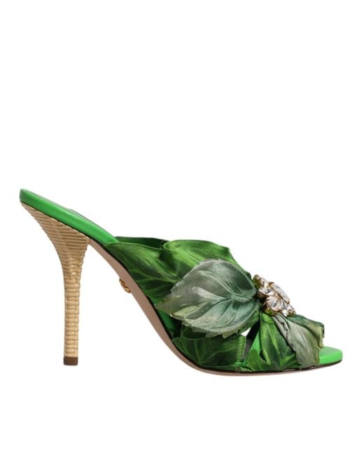 Dolce & Gabbana Green Leaf Print Mules High Heel Style