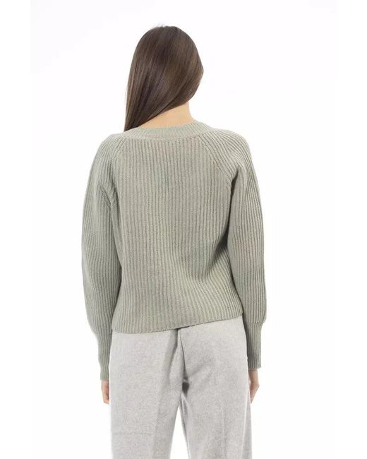 Alpha Studio Gray Chic V-neck Wool-cashmere Sweater In