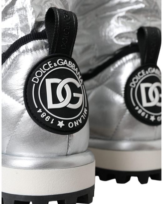 Dolce & Gabbana Gray Metallic Quilted Logo Patch Boot Shoes