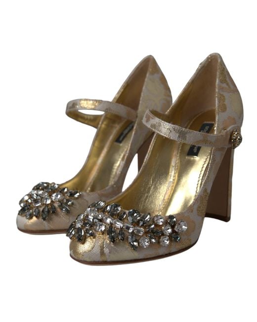 Dolce & Gabbana Natural Jacquard Crystal Mary Janes Pumps Shoes