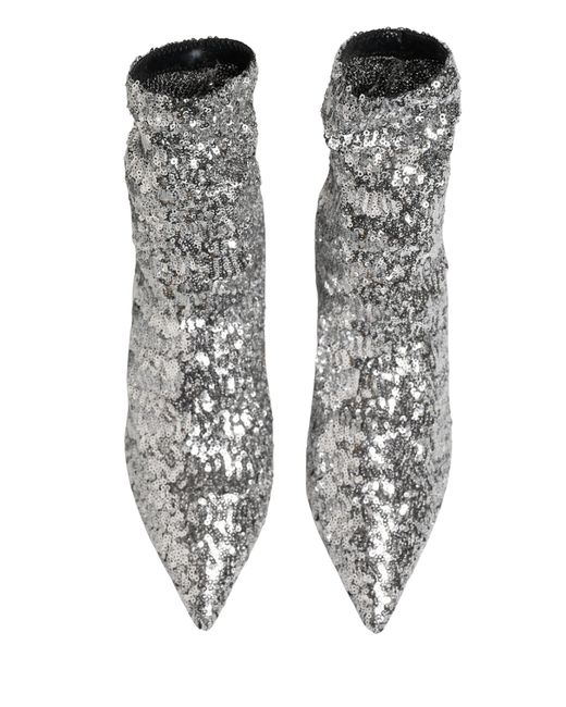 Dolce & Gabbana Gray Silver Sequined Short Boots Stretch Shoes