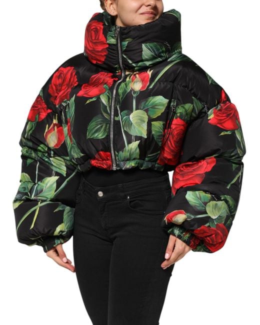 Dolce & Gabbana Black Multicolor Floral Puffer Coat Full Zip Jacket