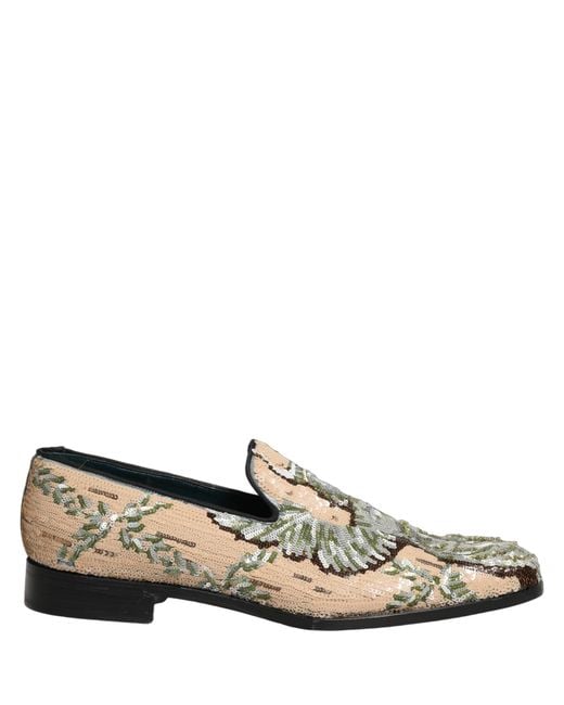 Dolce & Gabbana White Beige Sequin Embroidery Dress Loafers Shoes for men