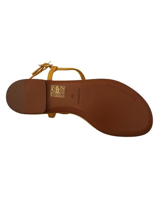 Dolce & Gabbana Black Mustard T-Strap Flat Sandals With Heart Embellishment
