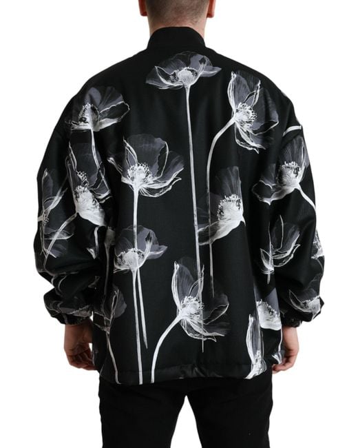 Dolce & Gabbana Black Floral Print Wool Button Down Bomber Jacket for men