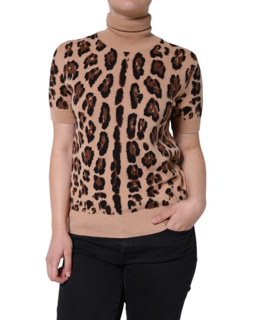 Dolce & Gabbana Natural Leopard Print Wool Turtleneck Top