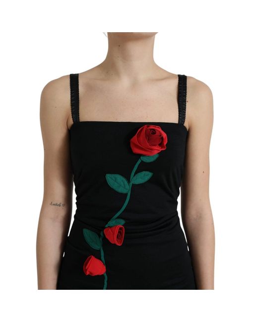 Dolce & Gabbana Black Wool Sleeveless Rose Applique Dress