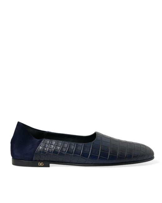 Dolce & Gabbana Blue Crocodile Leather Loafers Slip On Shoes for men