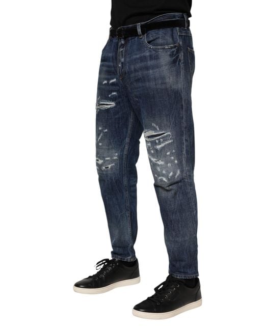Dolce & Gabbana Blue Cotton Tattered Tapered Men Denim Jeans for men