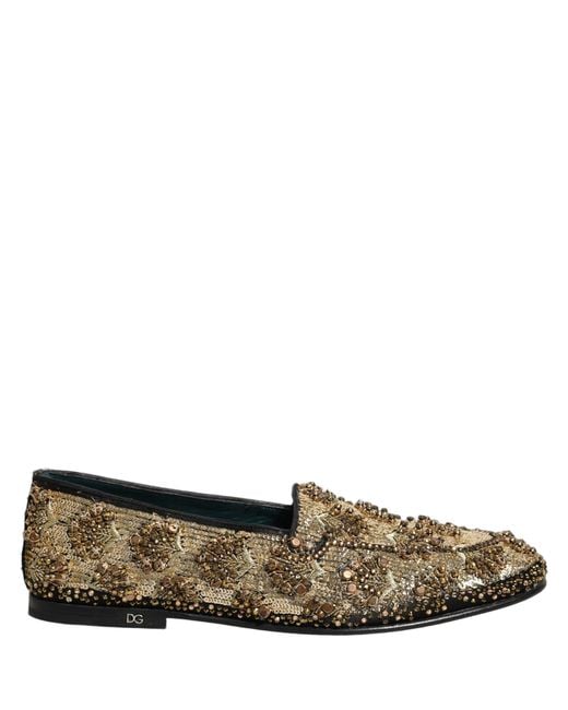 Dolce & Gabbana Gray Gold Sequin Embellished Dress Loafers Shoes for men