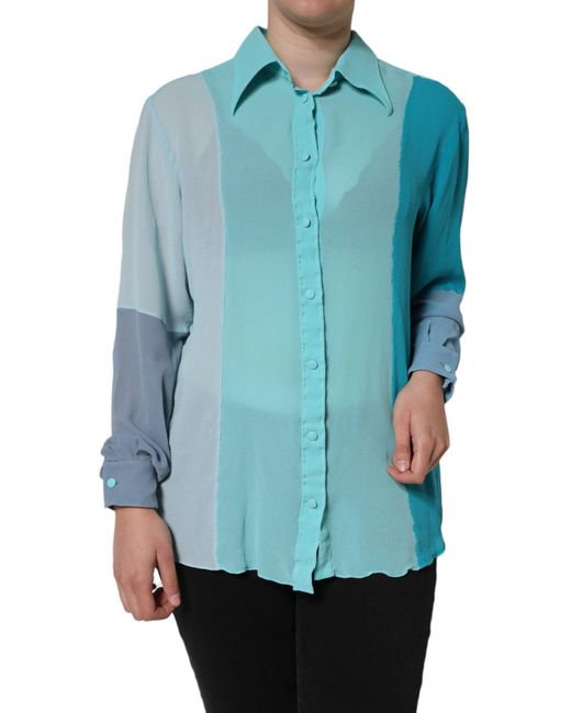 Dolce & Gabbana Blue Multicolor Long Sleeve Button Blouse Top