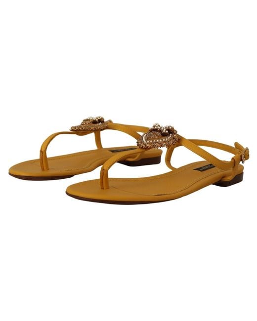 Dolce & Gabbana Black Mustard T-Strap Flat Sandals With Heart Embellishment