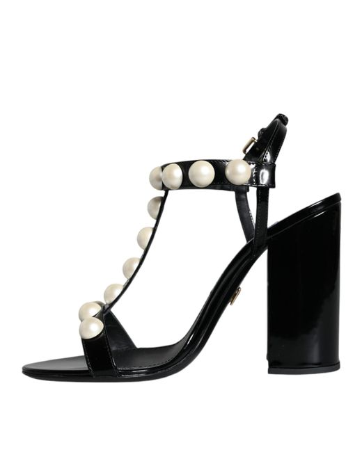 Dolce & Gabbana Black Leather Pearls T-Strap Sandals Shoes