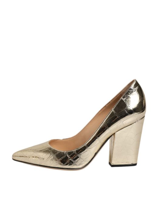 Sergio Rossi Metallic Gold Leather Pointed Toe Block Heels Shoes
