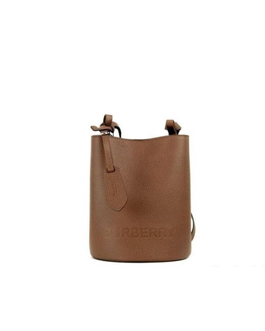 Burberry Lorne Small Tan Pebbled Leather Bucket Crossbody Handbag Purse Bag Brown