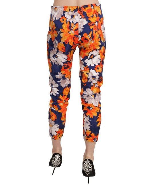 LANACAPRINA Red Blue Floral Print Skinny Slim Fit Trousers Pants
