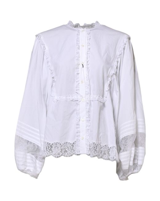 Dolce & Gabbana Purple White Ruffled Lace Embellished Blouse Top