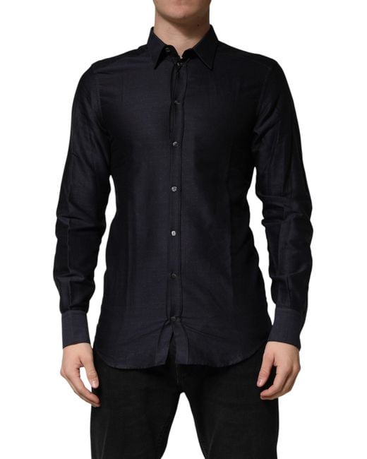 Dolce & Gabbana Black Dotted Cotton Collared Dress Shirt for men