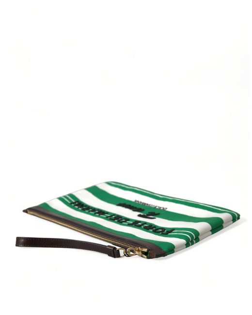 Dolce & Gabbana Green Elegant Striped Leather-Trim Pouch
