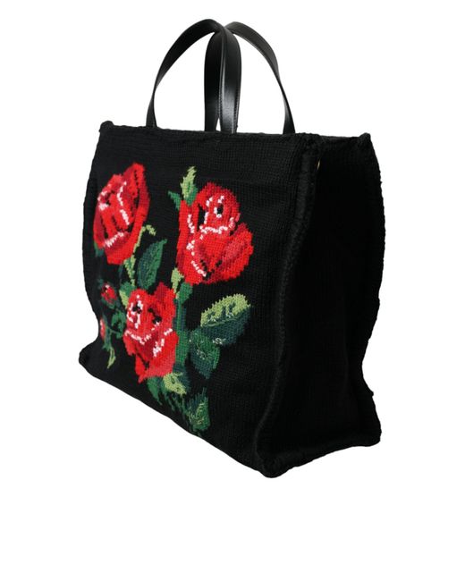 Dolce & Gabbana Black Chic Embroidered Floral Tote