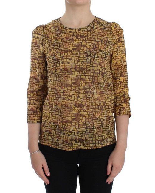 Dolce & Gabbana Brown Sicilian Mosaic Print Silk Blouse