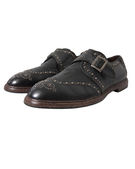 Dolce & Gabbana Black Leather Monk Strap Studded Dress Shoes for men