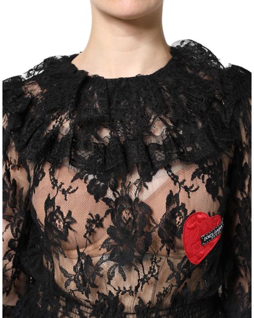 Dolce & Gabbana Black Cotton Floral Lace Blouse Top