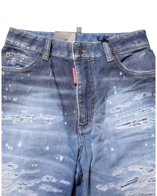 DSquared² Blue Tattered Cotton Mid Waist Straight Denim Jeans for men