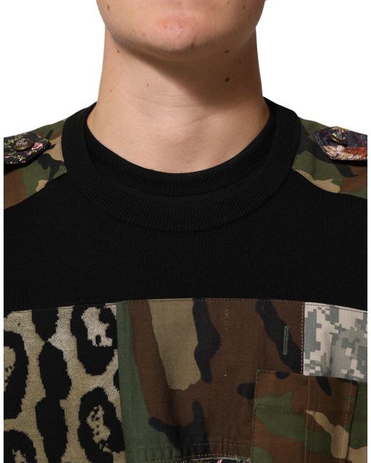 Dolce & Gabbana Black Patchwork Crew Neck Pullover Sweater for men