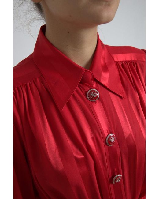Dolce & Gabbana Red Satin Silk Button Down Belted Midi Dress