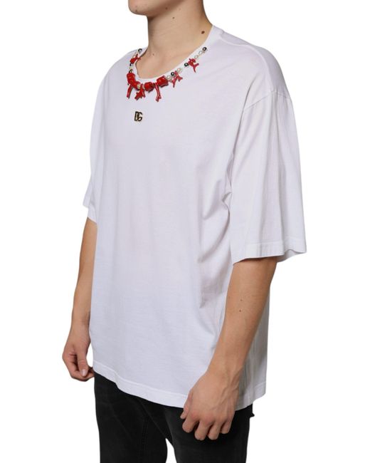 Dolce & Gabbana White Cotton Necklace Embellished T-Shirt for men