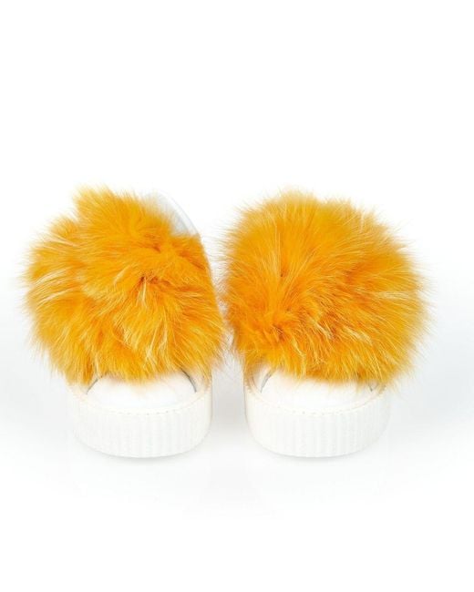MR & MRS Yellow White Textile Sneaker With Real Fur Pom Poms