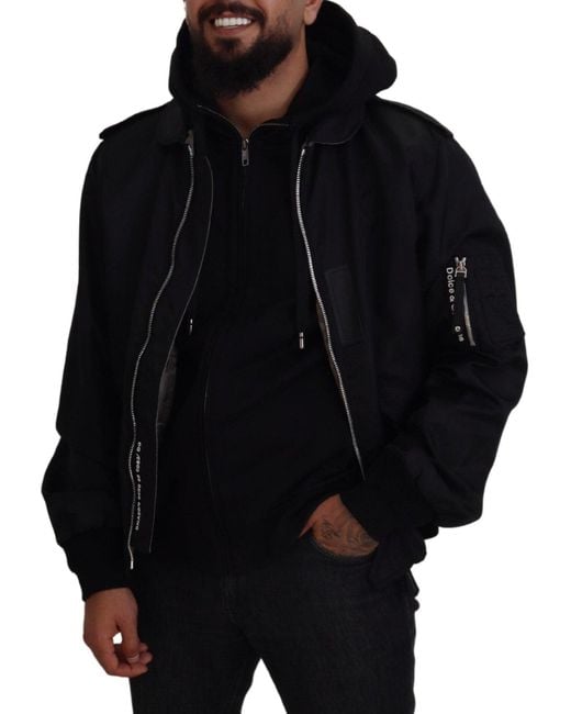 Dolce & Gabbana Black Nylon Hooded Full Zip Coat Jacket for men
