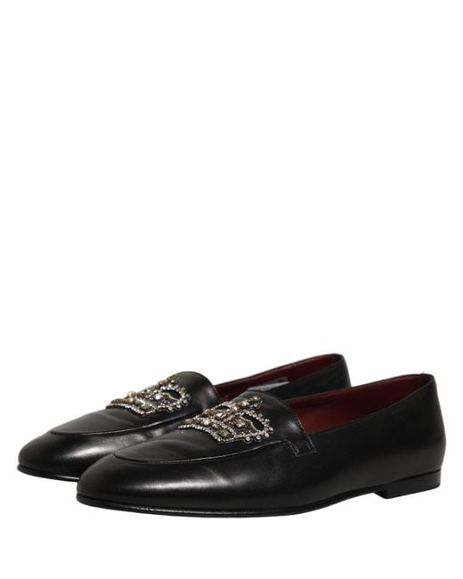 Dolce & Gabbana Black Leather Crown Embellished Loafers Shoes for men