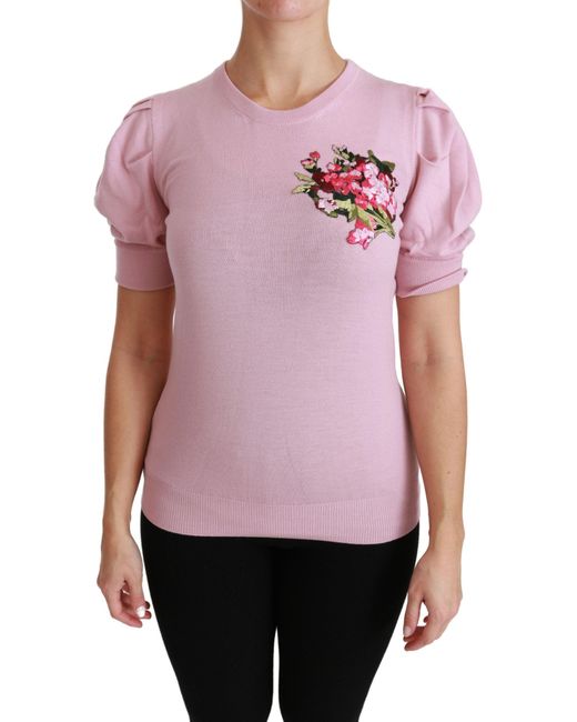 Dolce & Gabbana Pink Floral Embroidered Blouse Wool Top