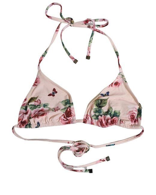 Dolce & Gabbana Natural Pink Nylon Floral Halter Beachwear Bikini Top
