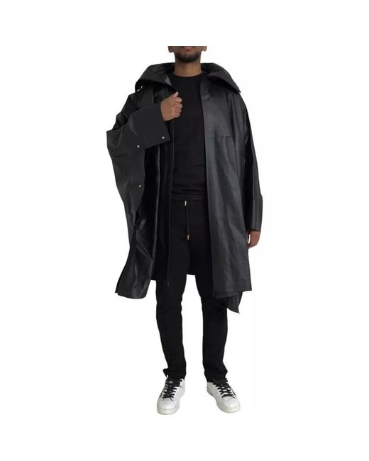 Bottega Veneta Black Leather Hooded Trenchcoat Jacket for men