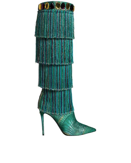 Dolce & Gabbana Green Cotton Crystal Tassel High Boots Shoes (Pre-Owned)